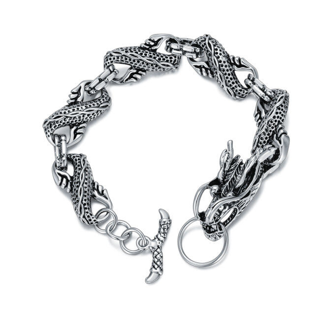 Stainless Steel with Retro Silver Plated Dragon & Viking Rune Chain Bracelet for Men