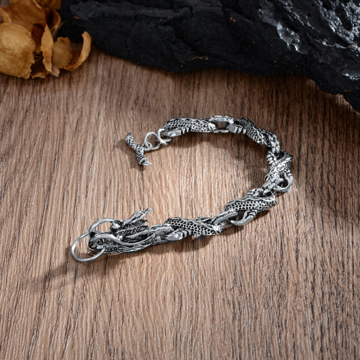 Stainless Steel with Retro Silver Plated Dragon & Viking Rune Chain Bracelet for Men-3