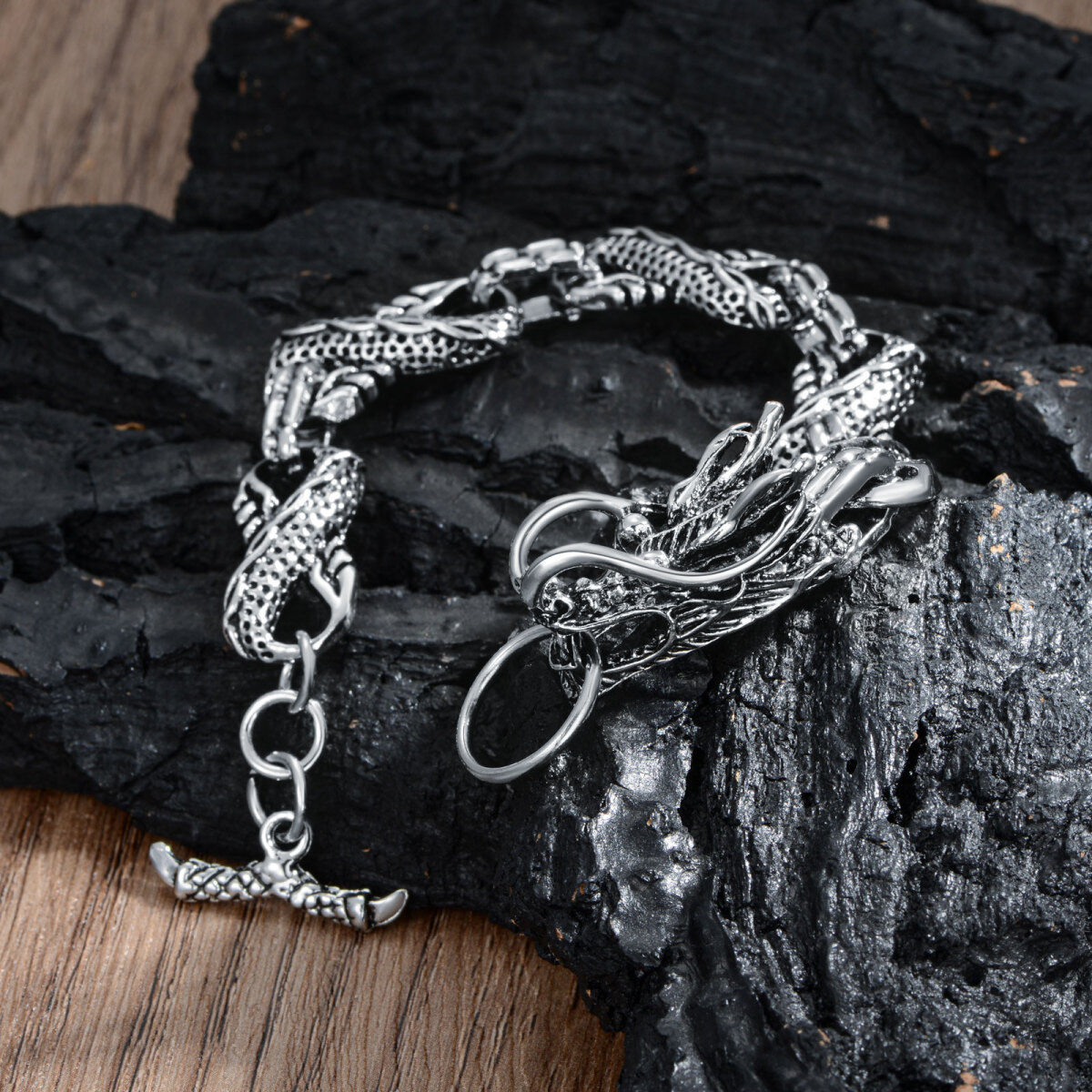 Stainless Steel with Retro Silver Plated Dragon & Viking Rune Chain Bracelet for Men-4