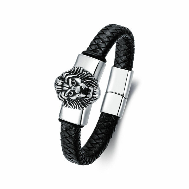 Bracelet en acier inoxydable avec chaîne de lion plaqué argent rétro pour hommes-1