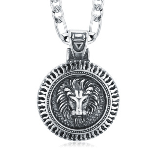 Stainless Steel with Retro Silver Plated Oval Shaped Lion Pendant Necklace for Men-3