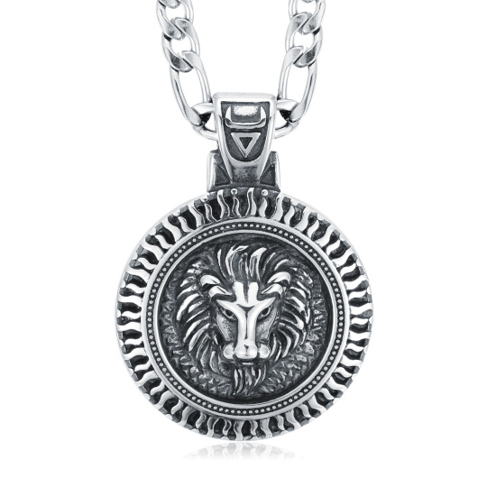 Collier avec pendentif en forme de lion ovale plaqué argent rétro en acier inoxydable pour homme