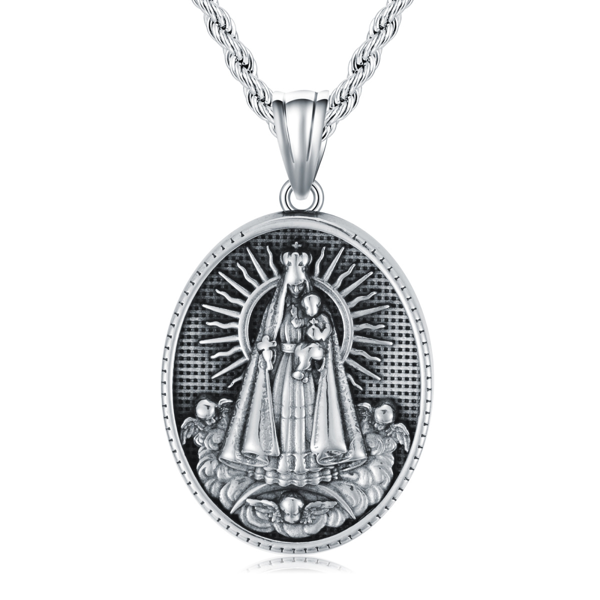 Collana in acciaio inossidabile con ciondolo ovale a forma di Vergine Maria placcato argento retrò per uomo-1