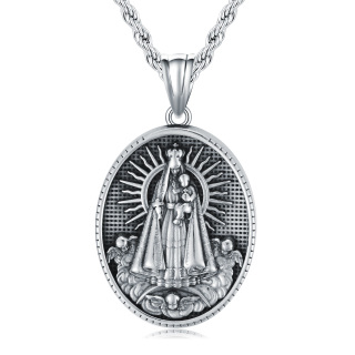 Stainless Steel with Retro Silver Plated Oval Shaped Virgin Mary Pendant Necklace for Men-4