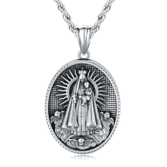 Collier avec pendentif en forme ovale de la Vierge Marie en acier inoxydable plaqué argent rétro pour homme