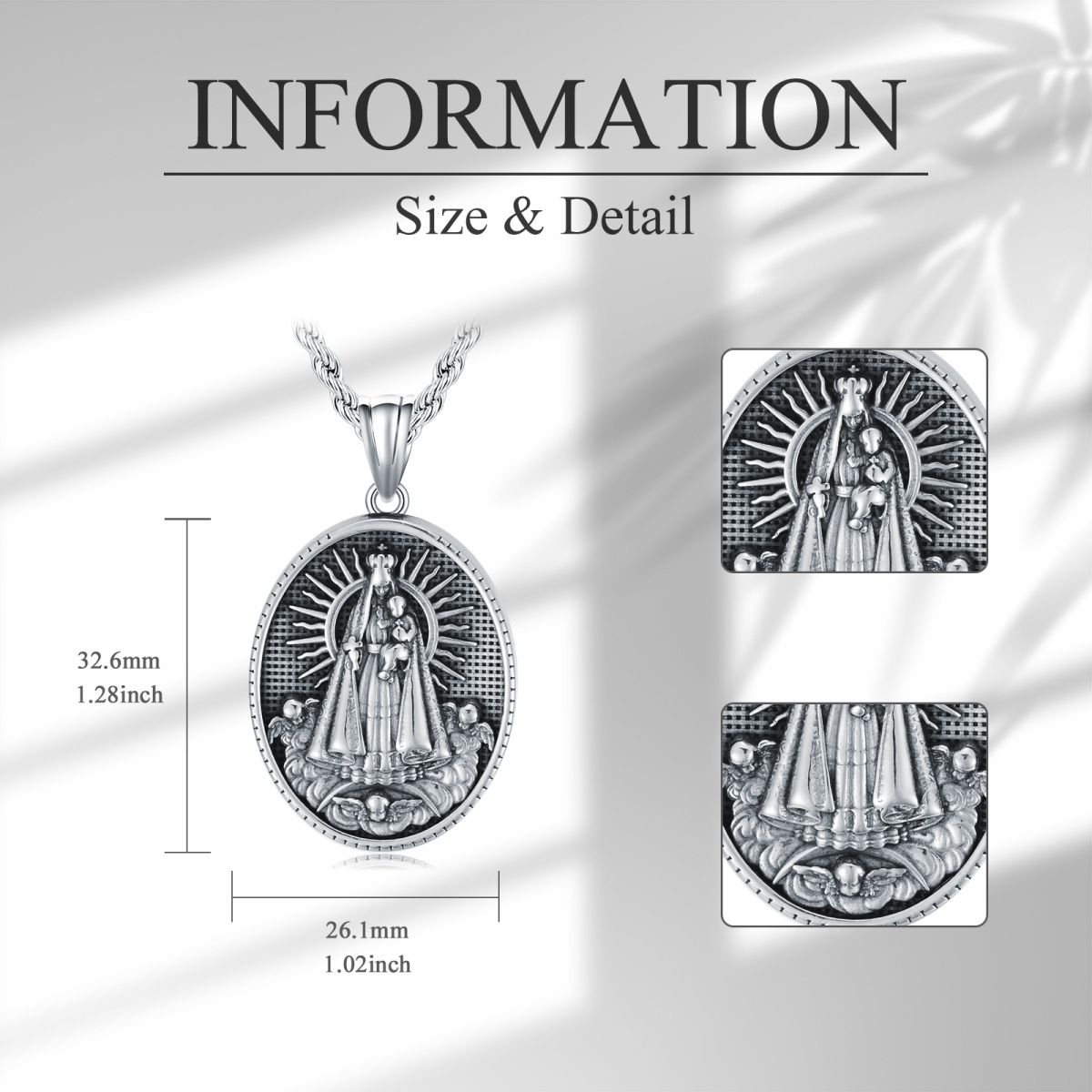 Stainless Steel with Retro Silver Plated Oval Shaped Virgin Mary Pendant Necklace for Men-3