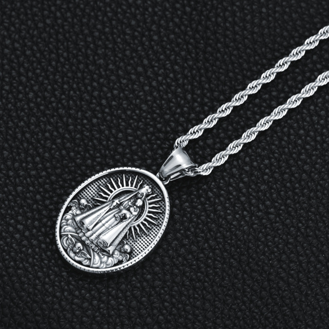 Stainless Steel with Retro Silver Plated Oval Shaped Virgin Mary Pendant Necklace for Men-4