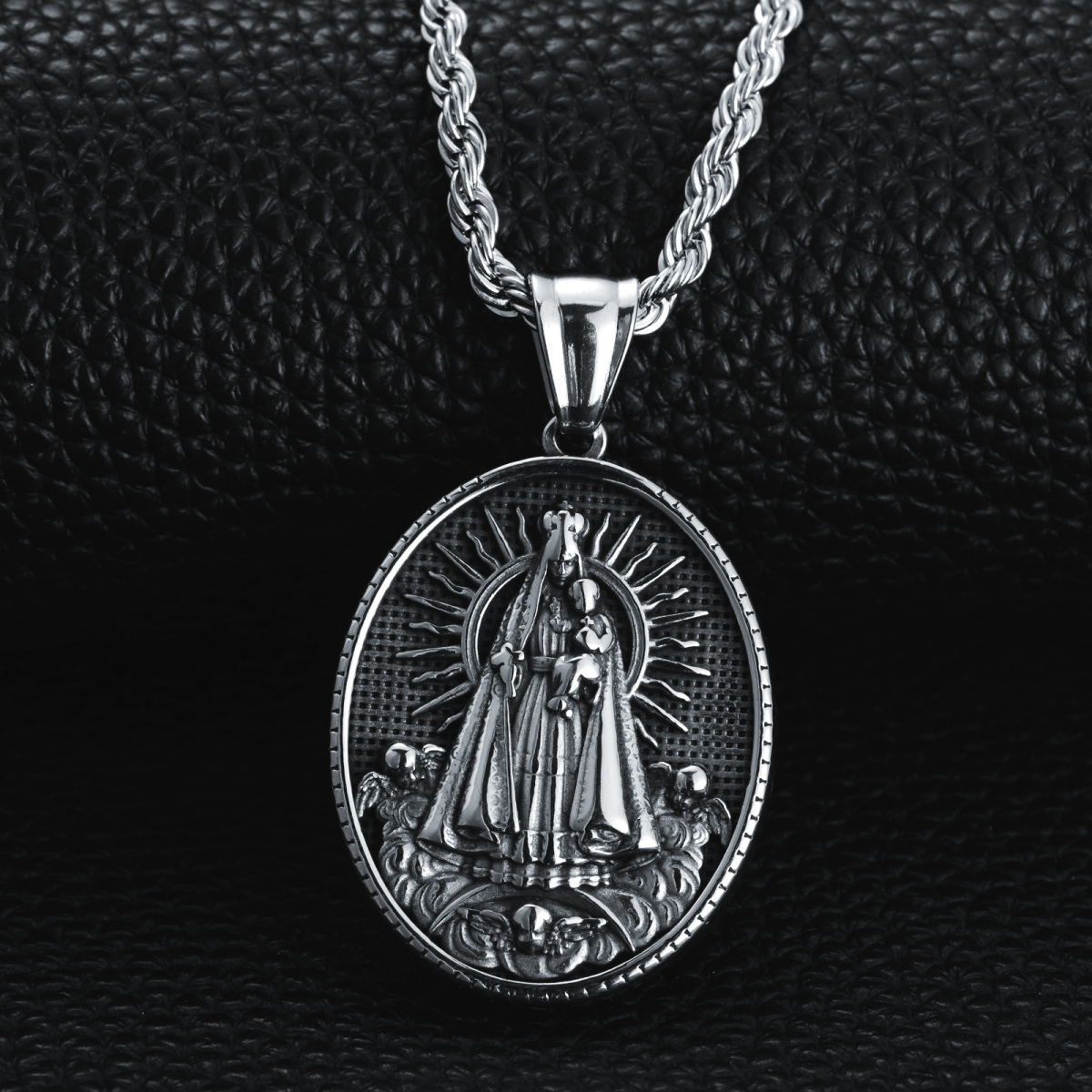 Stainless Steel with Retro Silver Plated Oval Shaped Virgin Mary Pendant Necklace for Men-5