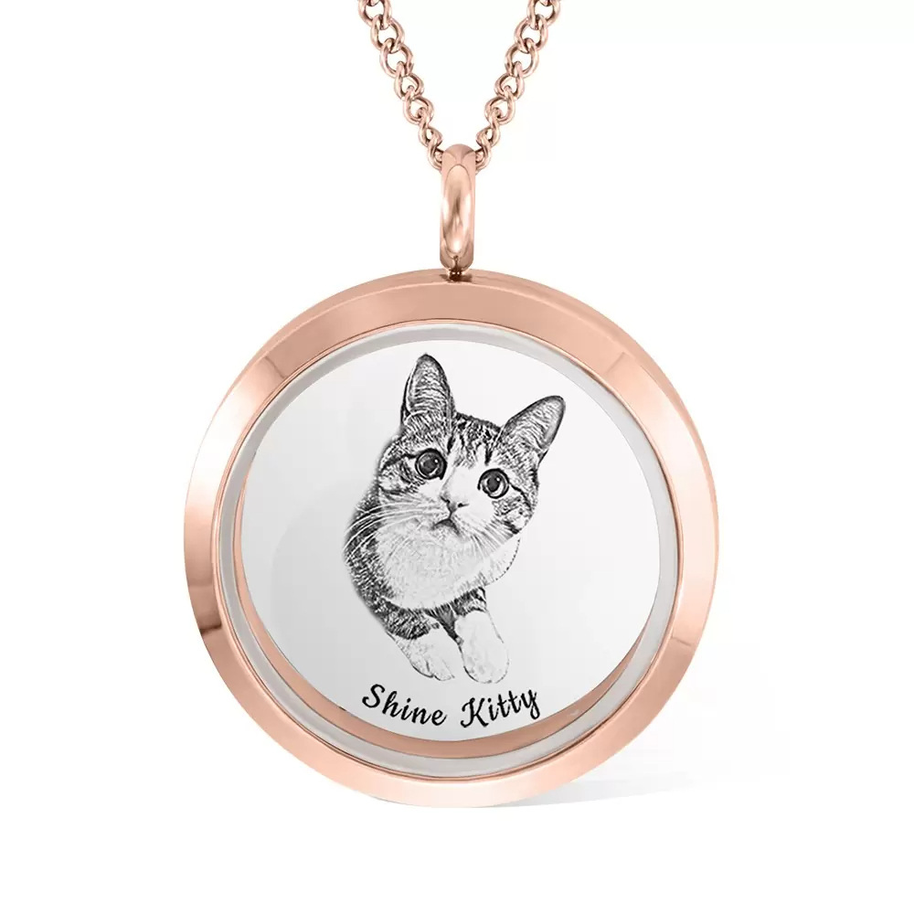 Edelstahl mit rosévergoldeter personalisierter Gravur Katze Personalisierte Foto-Medaillon-Halskette-1