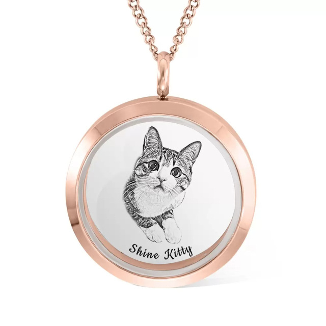 Aço inoxidável com banhado a ouro rosa gravura personalizada gato colar com medalhão de foto personalizado-1