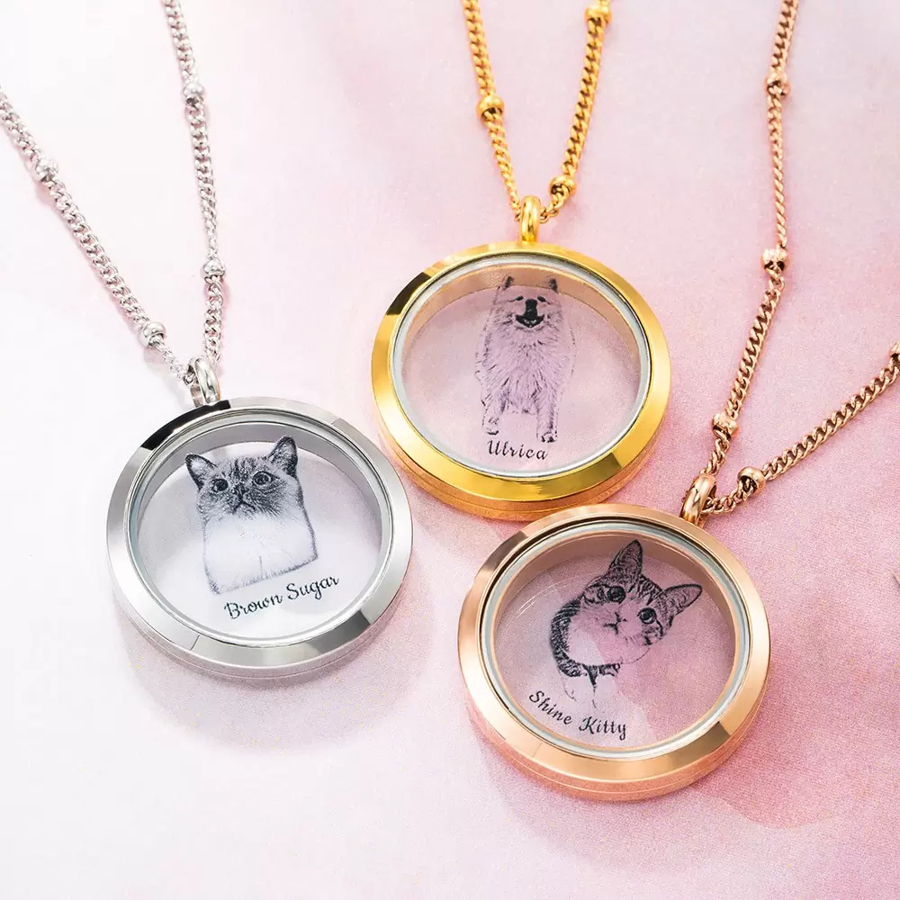 Acero inoxidable con chapado en oro blanco Gato Personalizada Grabación Foto Locket Collar-3