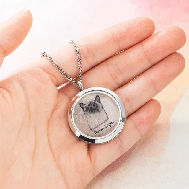 Colar de medalhão em aço inoxidável com gravação personalizada de fotos de gato banhado a ouro branco-4