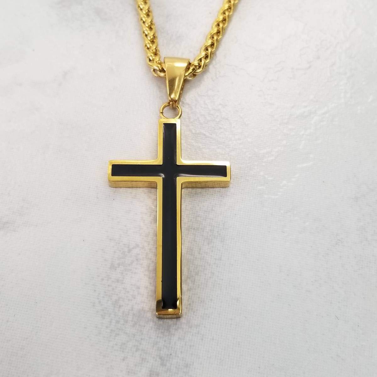 Collier en acier inoxydable à pendentif croix bicolore pour hommes-1