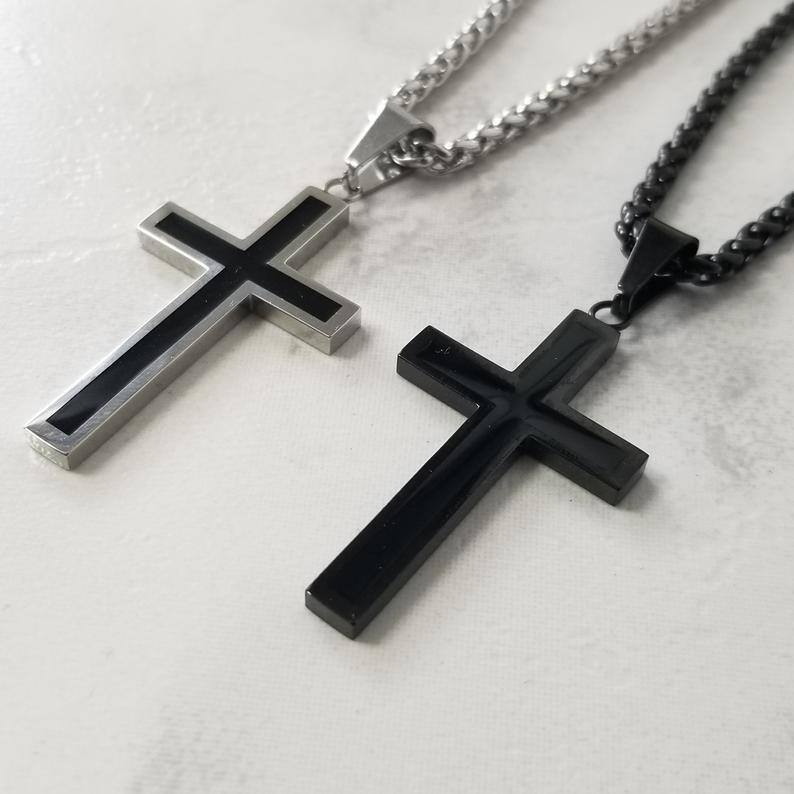 Collier en acier inoxydable à pendentif croix bicolore pour hommes-2