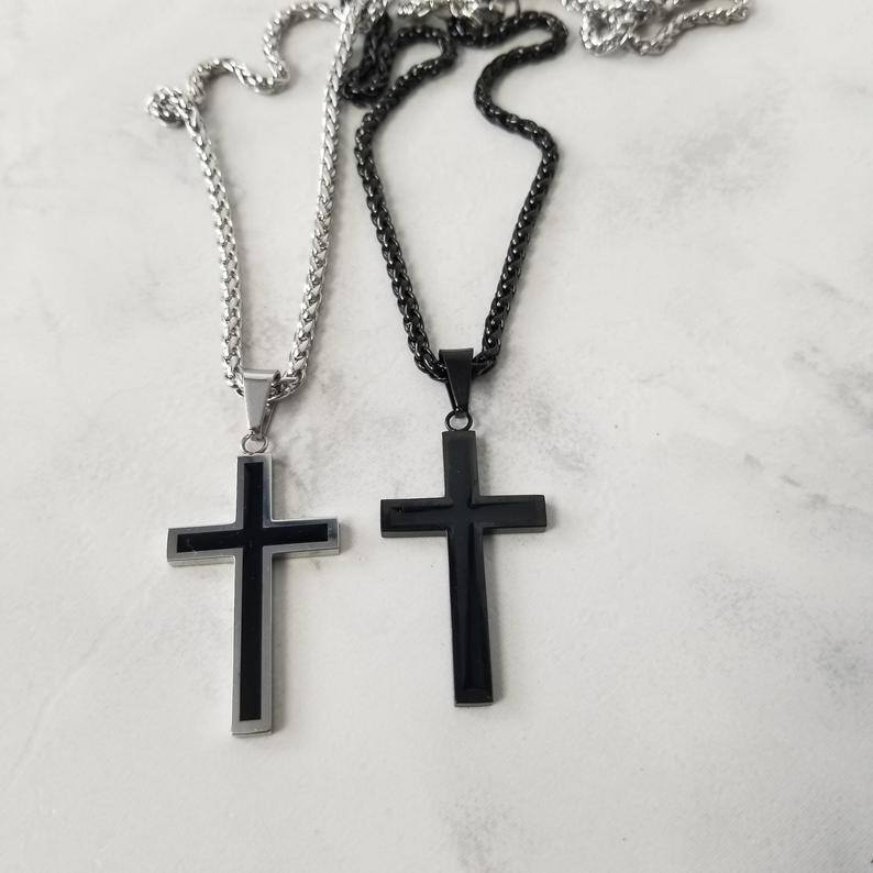 Collier en acier inoxydable à pendentif croix bicolore pour hommes-3