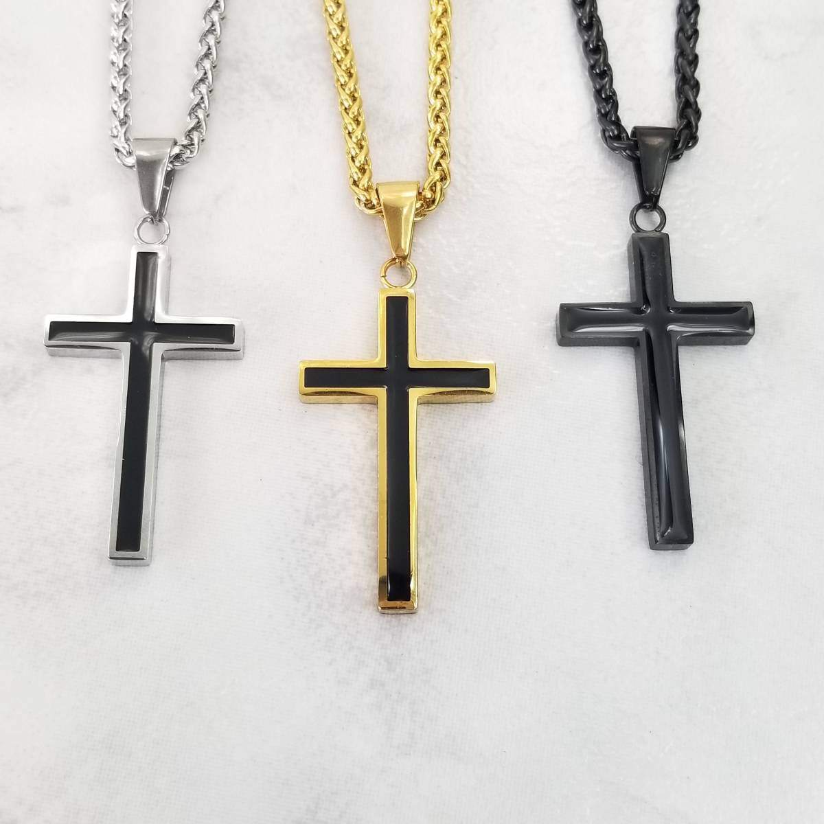 Stainless Steel Two-tone Cross Pendant Necklace for Men-4