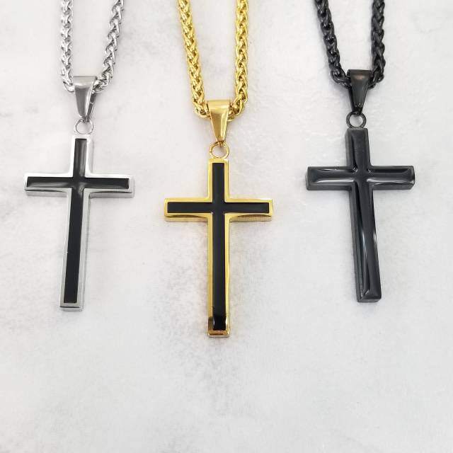 Stainless Steel Two-tone Cross Pendant Necklace for Men-4