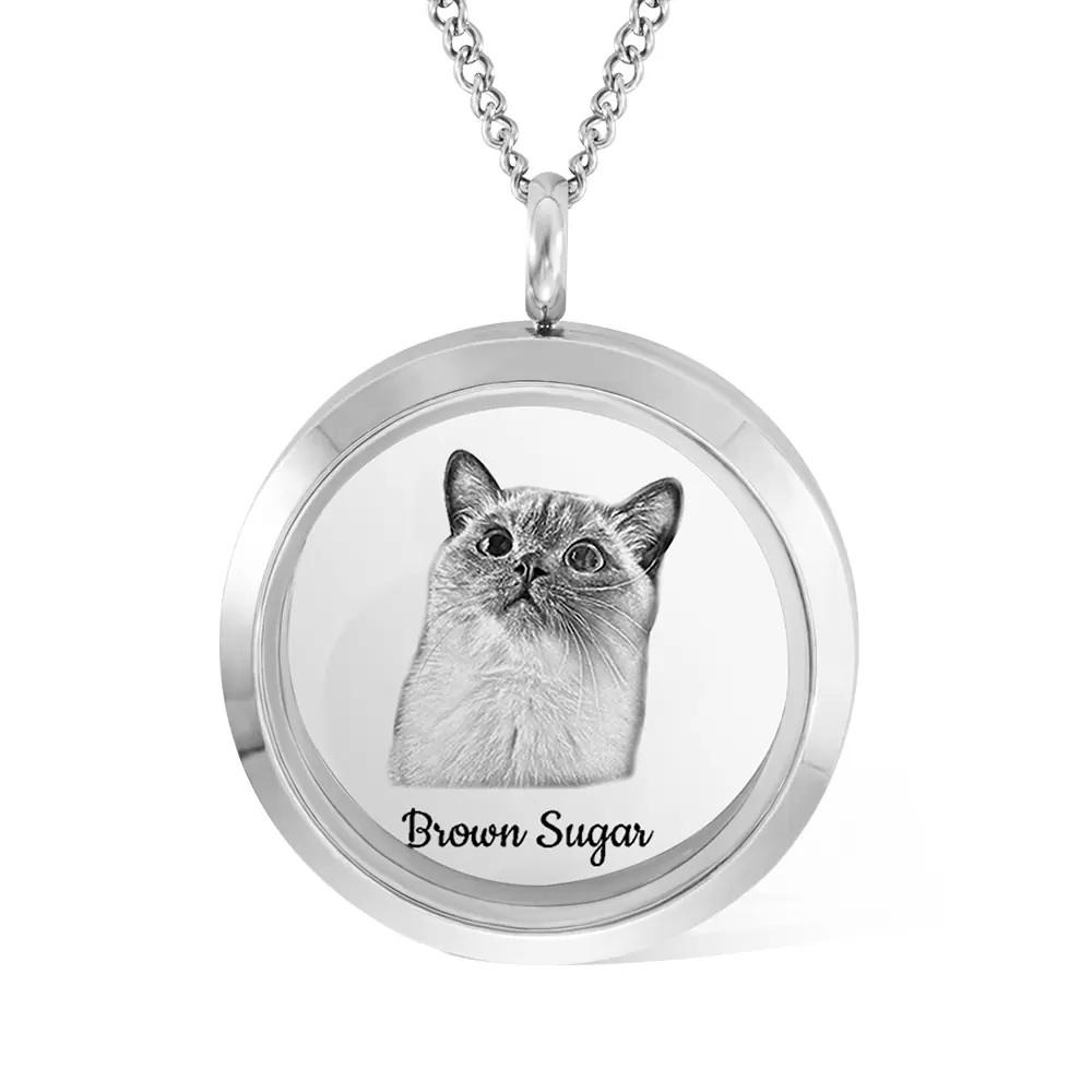 Stainless Steel with White Gold Plated Cat Personalized Engraving Photo Locket Necklace-1