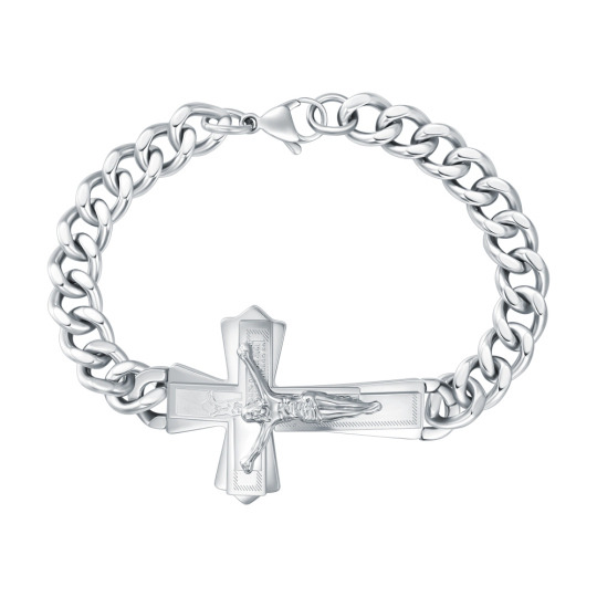 Pulseira de aço inoxidável com pingente de Jesus cruzado banhado a ouro branco para homens