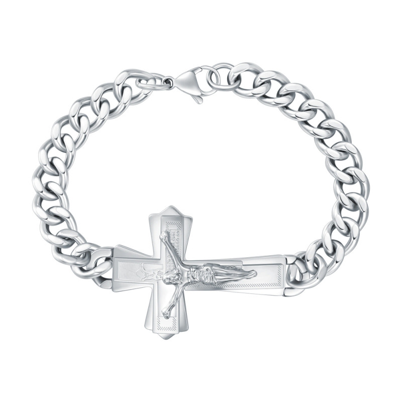 Pulsera de acero inoxidable con colgante de cruz de Jesús chapada en oro blanco para hombre