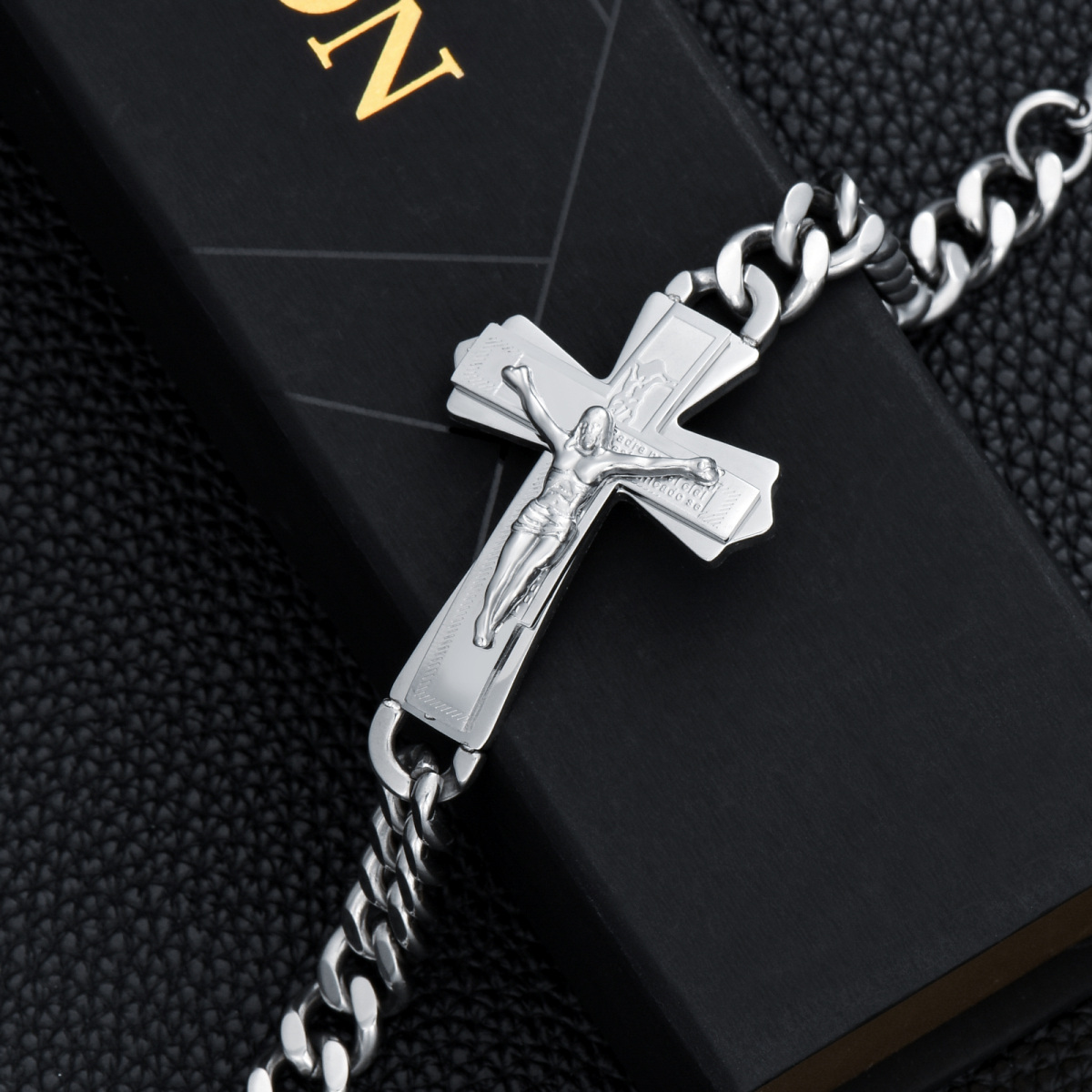 Stainless Steel with White Gold Plated Cross & Jesus Pendant Bracelet for Men-3