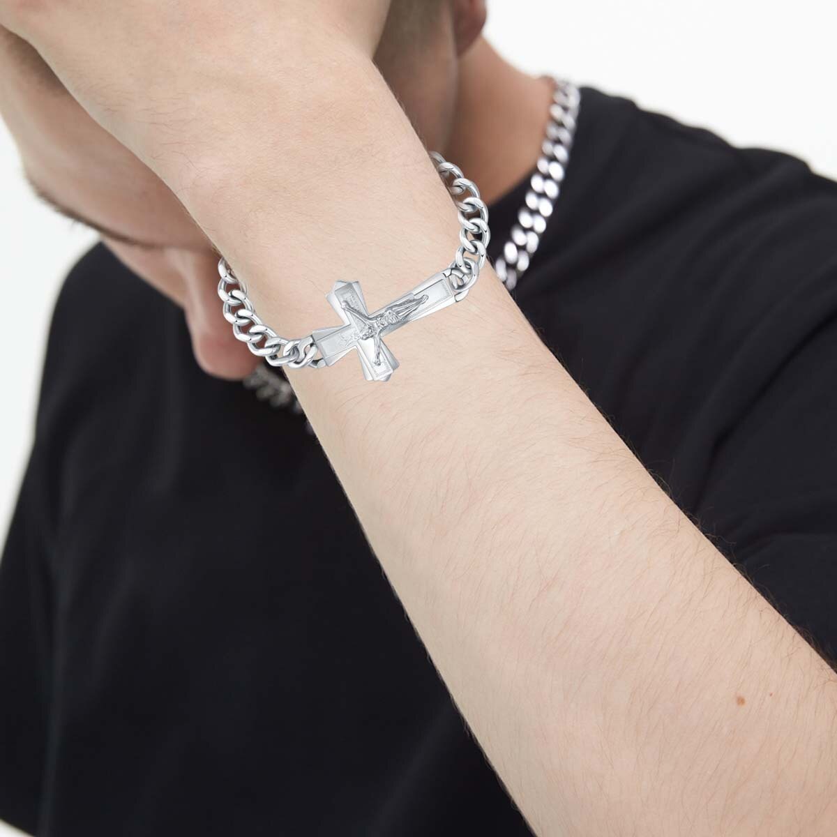 Bracelet en acier inoxydable avec pendentif croix Jésus plaqué or blanc pour homme-4