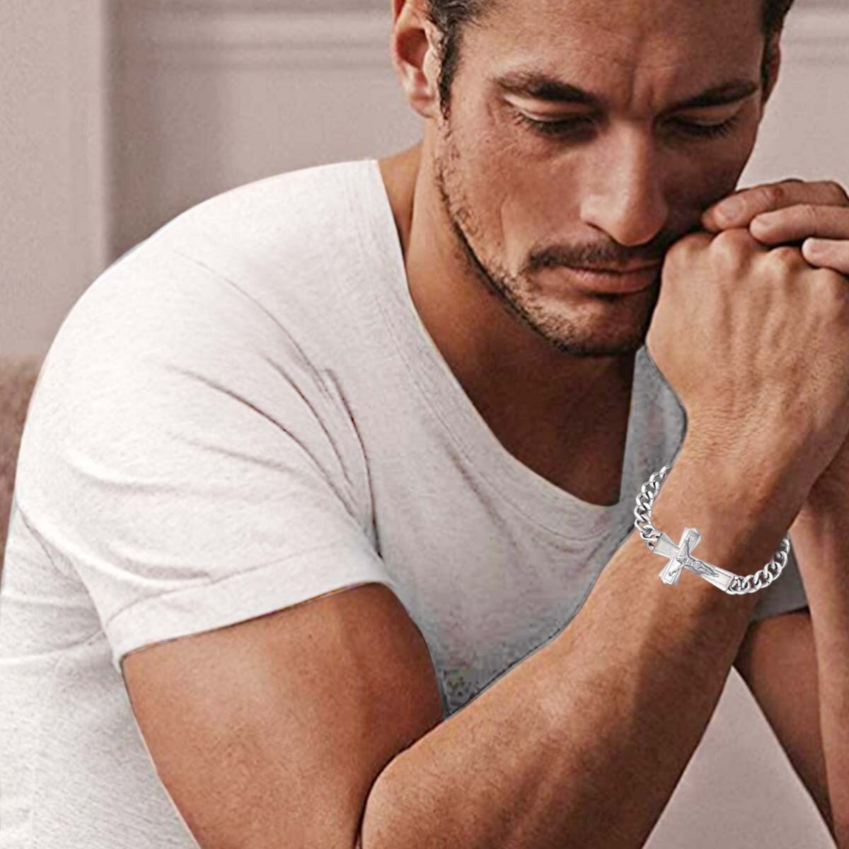 Bracelet en acier inoxydable avec pendentif croix Jésus plaqué or blanc pour homme-5