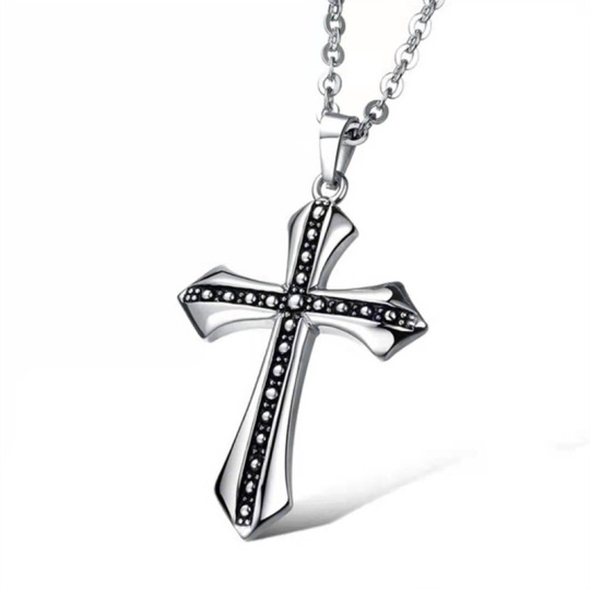 Collier avec pendentif croix en acier inoxydable plaqué or blanc pour homme-1