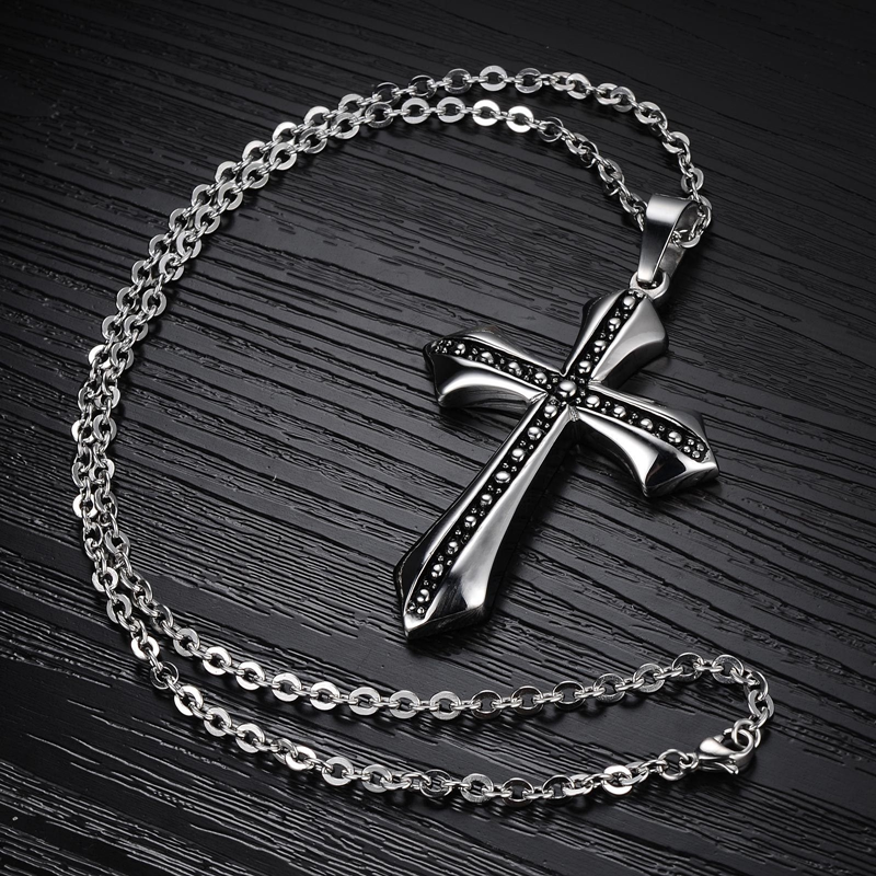 Stainless Steel with White Gold Plated Cross Pendant Necklace for Men-2