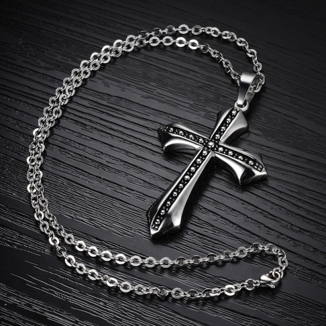 Collier avec pendentif croix en acier inoxydable plaqué or blanc pour homme-2