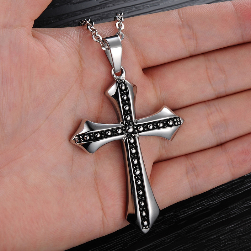 Collier avec pendentif croix en acier inoxydable plaqué or blanc pour homme-3