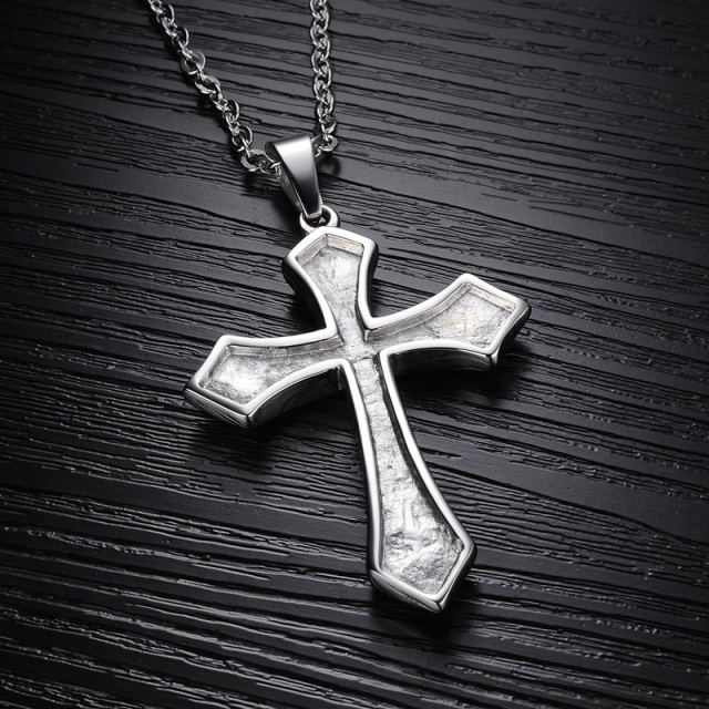 Collier avec pendentif croix en acier inoxydable plaqué or blanc pour homme-5