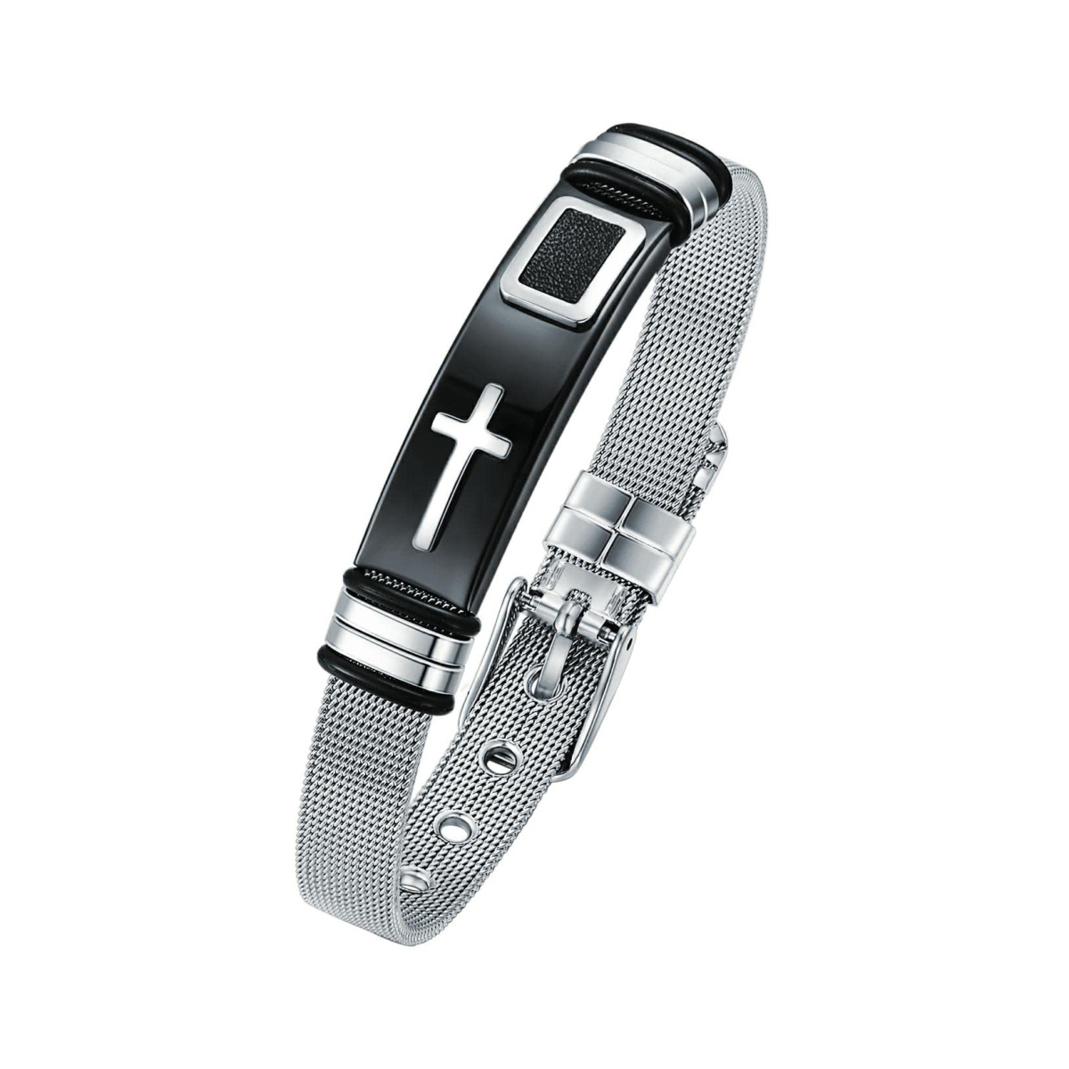 Bracelet uni en acier inoxydable avec croix plaquée or blanc pour homme-1