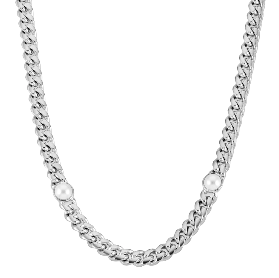 Cadena de acero inoxidable con eslabones cubanos chapados en oro blanco con incrustaciones de perla para hombre de 6 mm-1