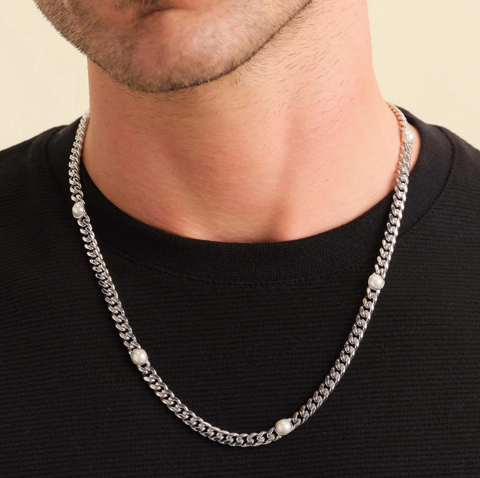 Cadena de acero inoxidable con eslabones cubanos chapados en oro blanco con incrustaciones de perla para hombre de 6 mm-2
