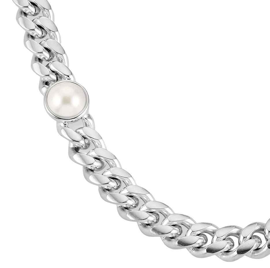 Cadena de acero inoxidable con eslabones cubanos chapados en oro blanco con incrustaciones de perla para hombre de 6 mm-3