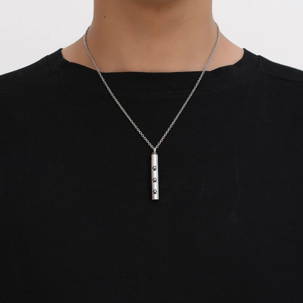 Collana con urna per le ceneri in acciaio inossidabile placcata oro bianco con impronte di zampe e piedi-3