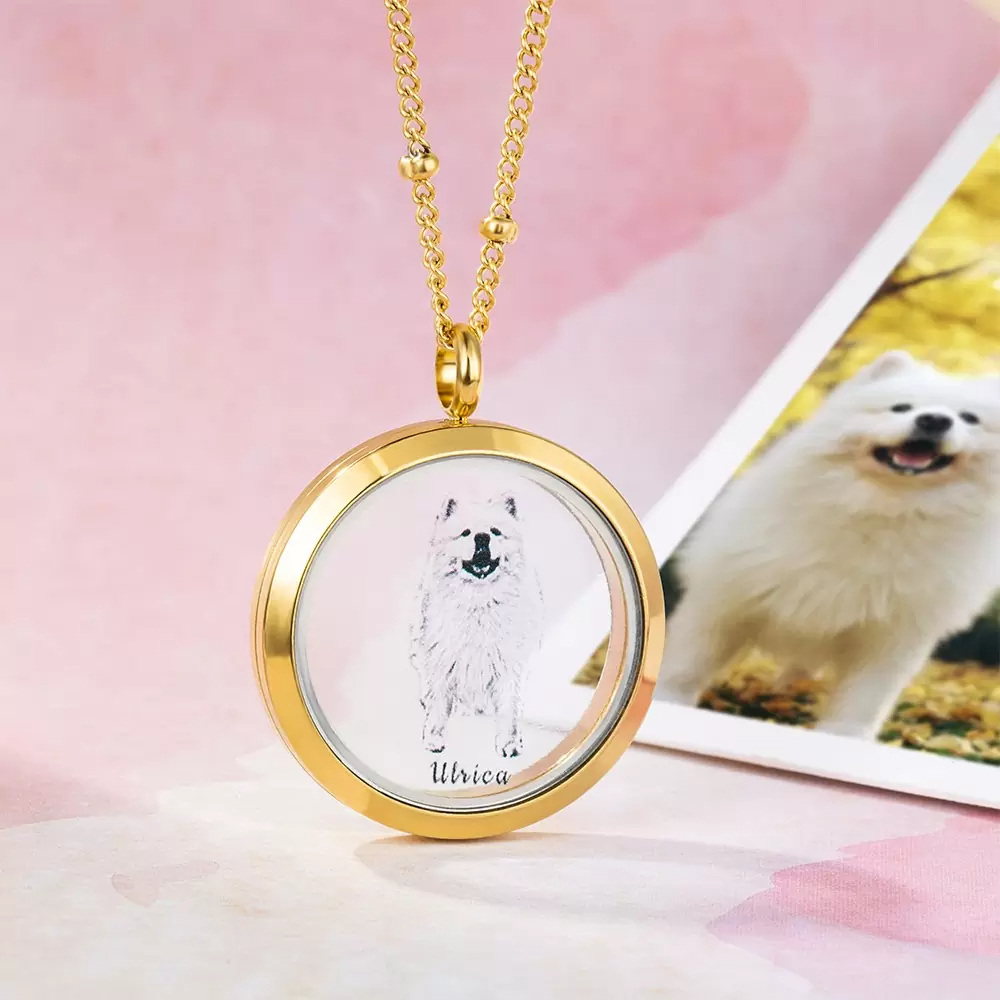 Collana con medaglione personalizzato per foto in acciaio inossidabile con incisione a gatto placcata in oro giallo-4