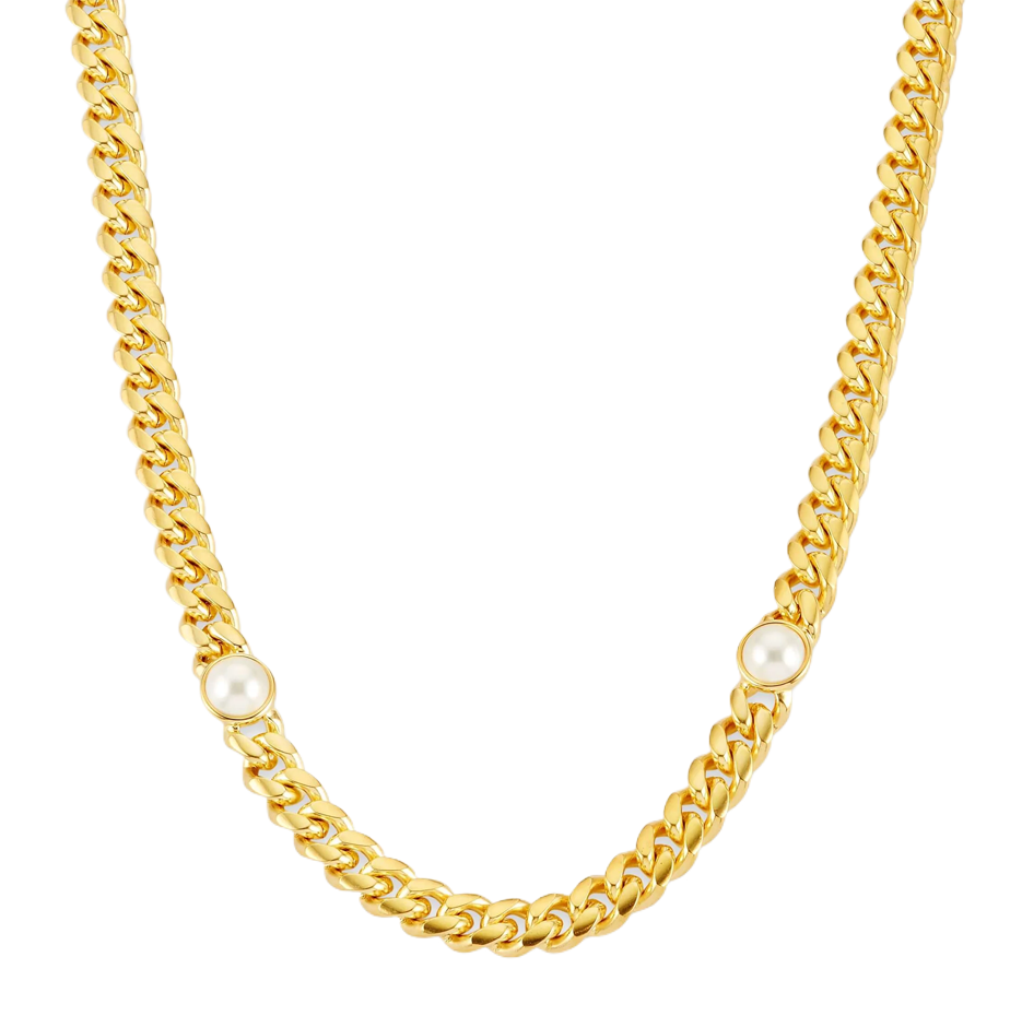 Stainless Steel with Yellow Gold Plated Cuban Link Pearl Inset Chain for Men 6mm-1