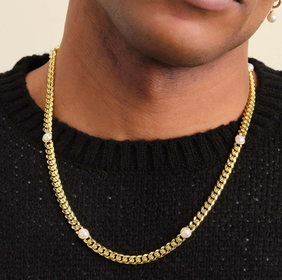 Stainless Steel with Yellow Gold Plated Cuban Link Pearl Inset Chain for Men 6mm-2