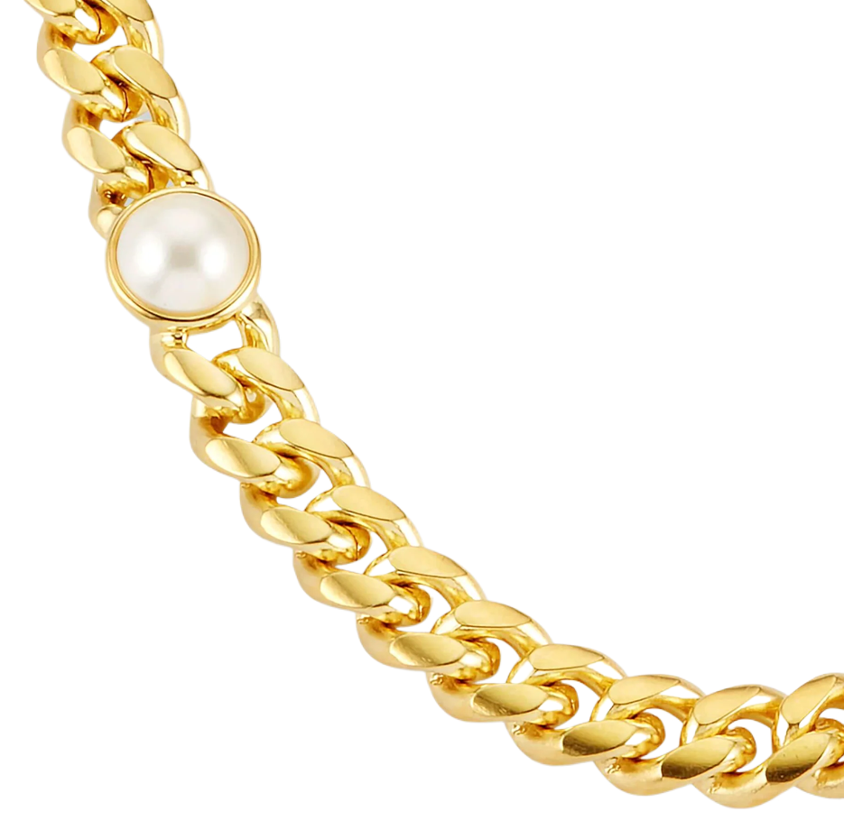 Stainless Steel with Yellow Gold Plated Cuban Link Pearl Inset Chain for Men 6mm-3