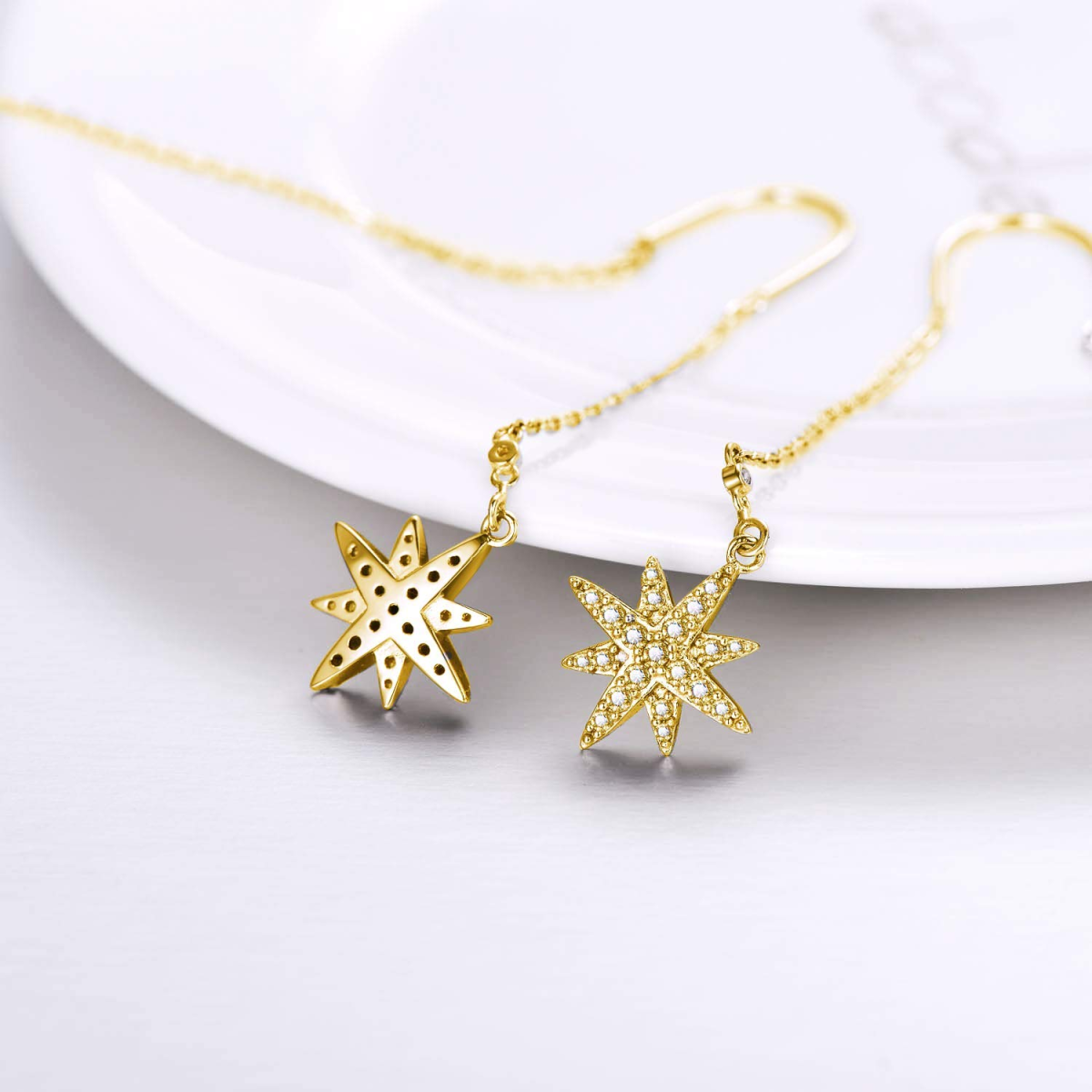 Sterling Silver with Yellow Gold Plated Crystal Snowflake Drop Earrings-2