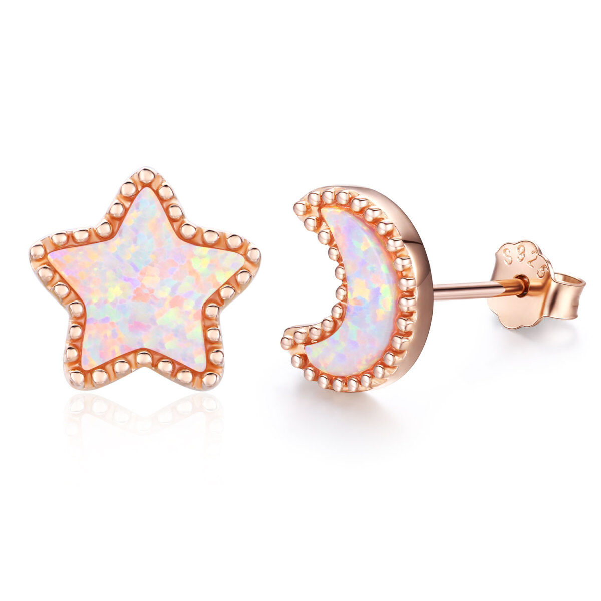 Sterling Silver with Rose gold plated Opal Moon & Stars Stud Earrings-1