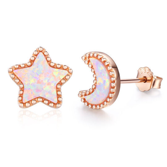 Sterling Silver with Rose gold plated Opal Moon & Stars Stud Earrings