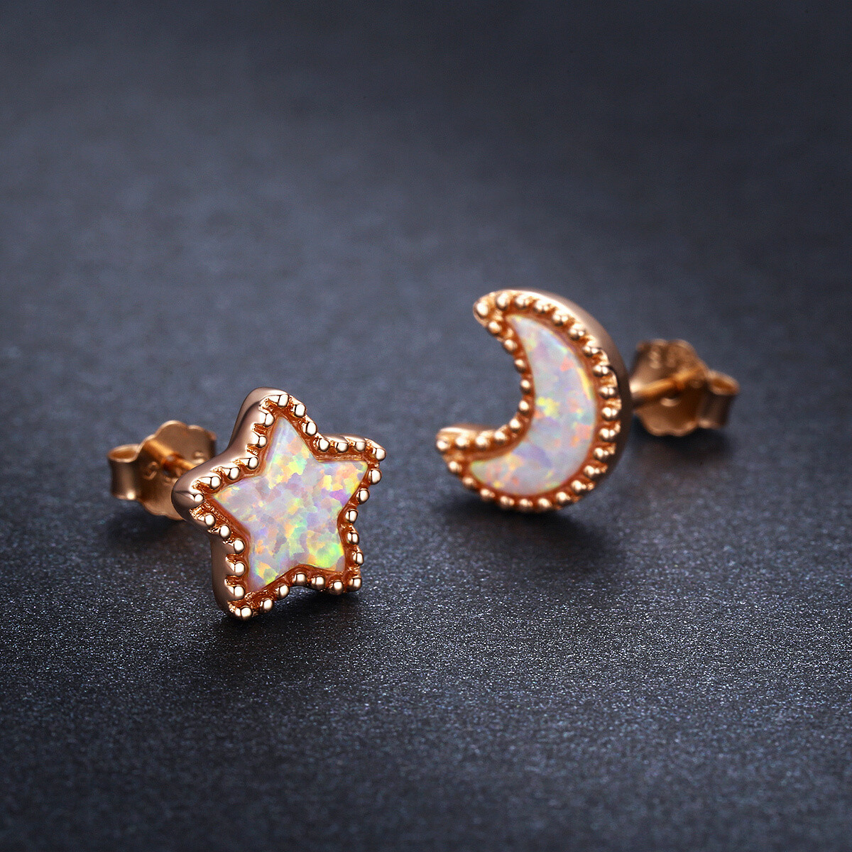 Sterling Silver with Rose gold plated Opal Moon & Stars Stud Earrings-3