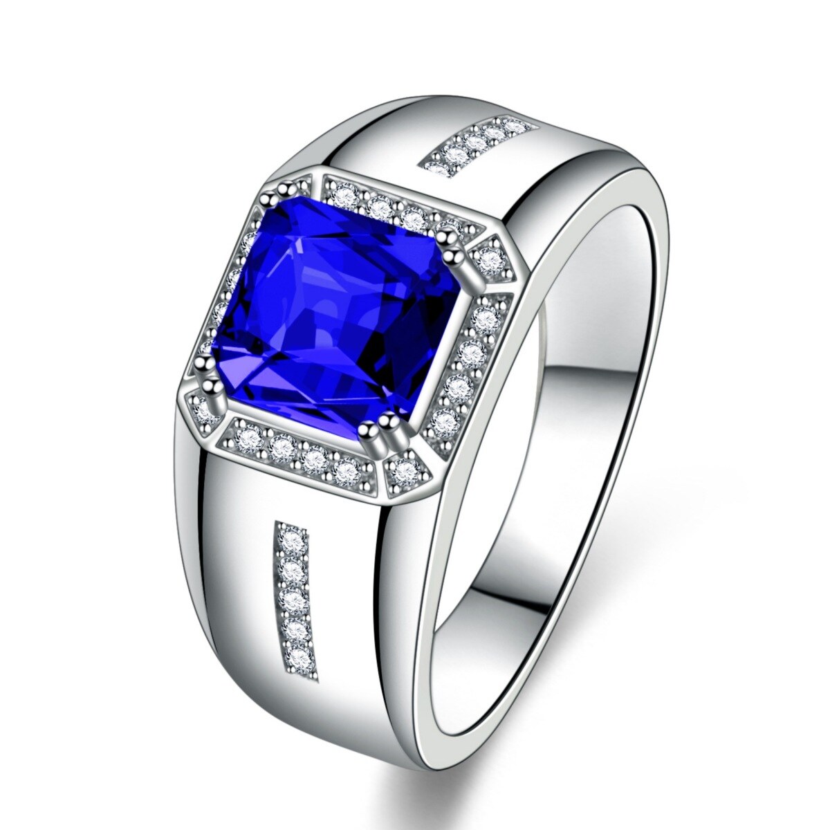 Sterling Silve Blue Sapphire Moissanite Personalized Engraving Ring for Men-1