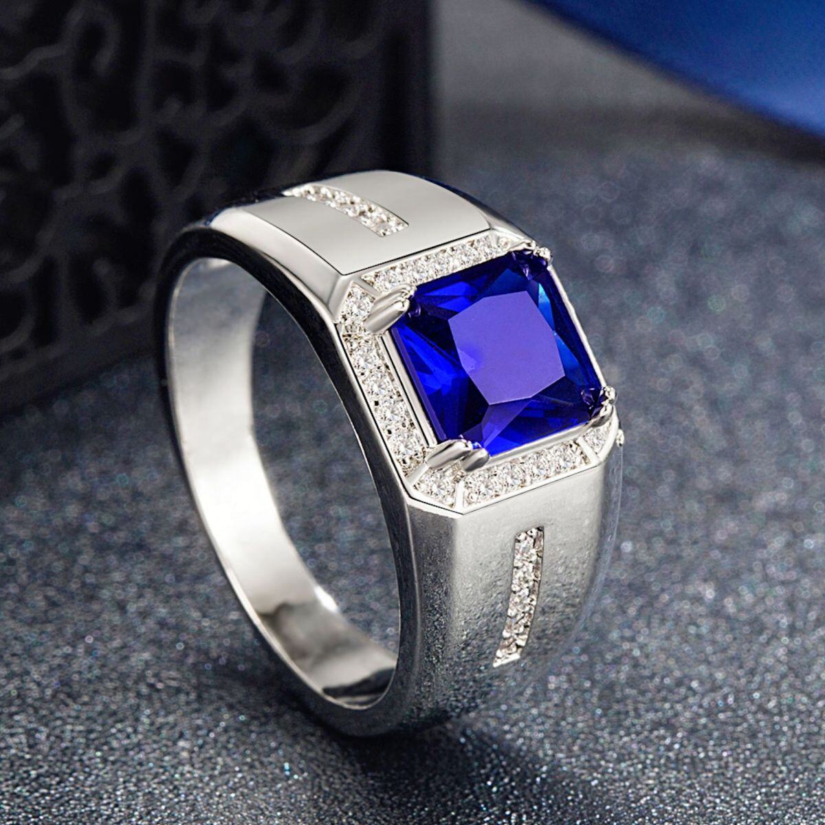 Sterling Silve Blue Sapphire Moissanite Personalized Engraving Ring for Men-2