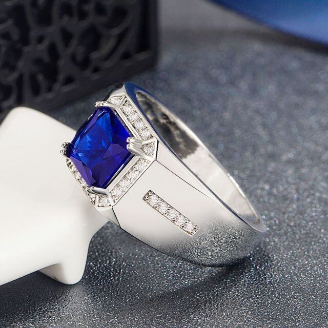 Sterling Silve Blue Sapphire Moissanite Personalized Engraving Ring for Men-3