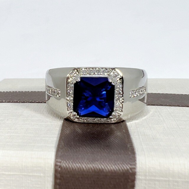 Anel de prata esterlina com gravação personalizada de safira azul Moissanite para homem-4