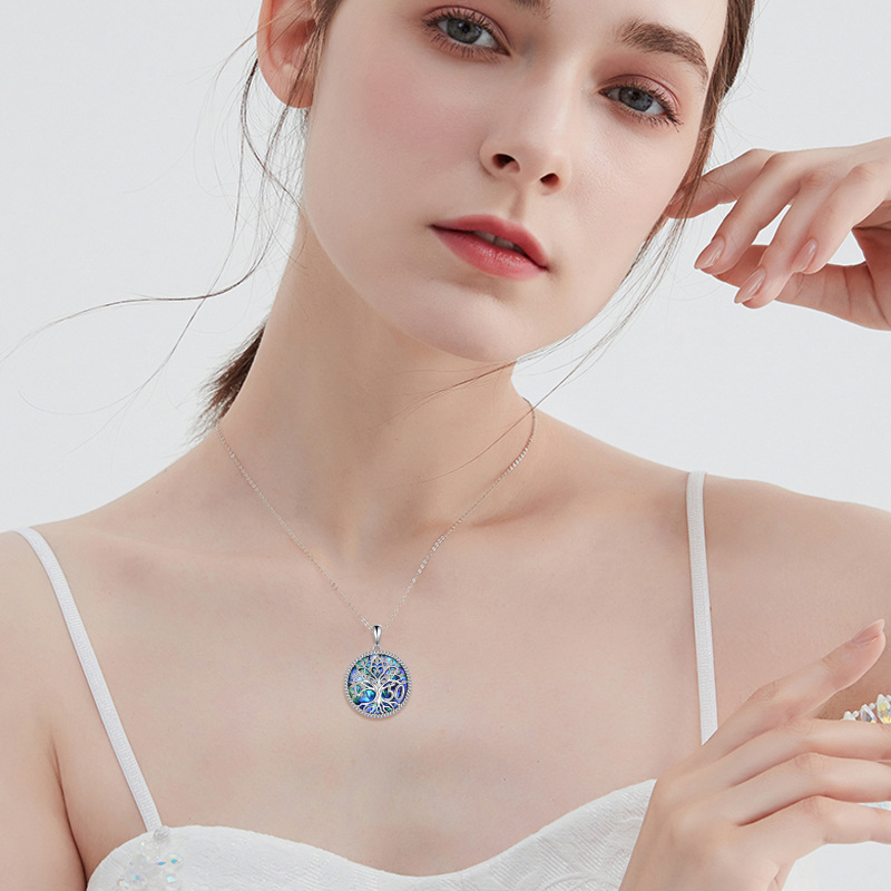 Sterling Zilveren Abalone Schelpdier Boom Van Het Leven Cirkel Ketting voor Vrouwen Mannen-4